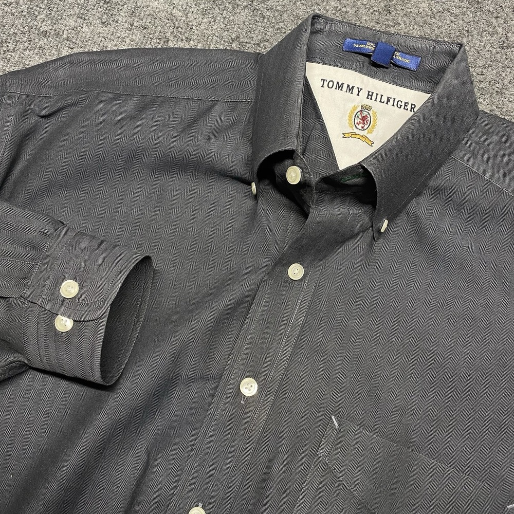 Tommy Hilfiger Shirt Herringbone Dark Gray Button Up 16.5 Long Sleeve 32-33